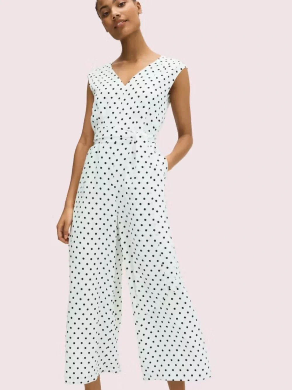 Kate Spade black and white Cabana Dot lined wide leg belt Jumpsuit size 0 NWT
